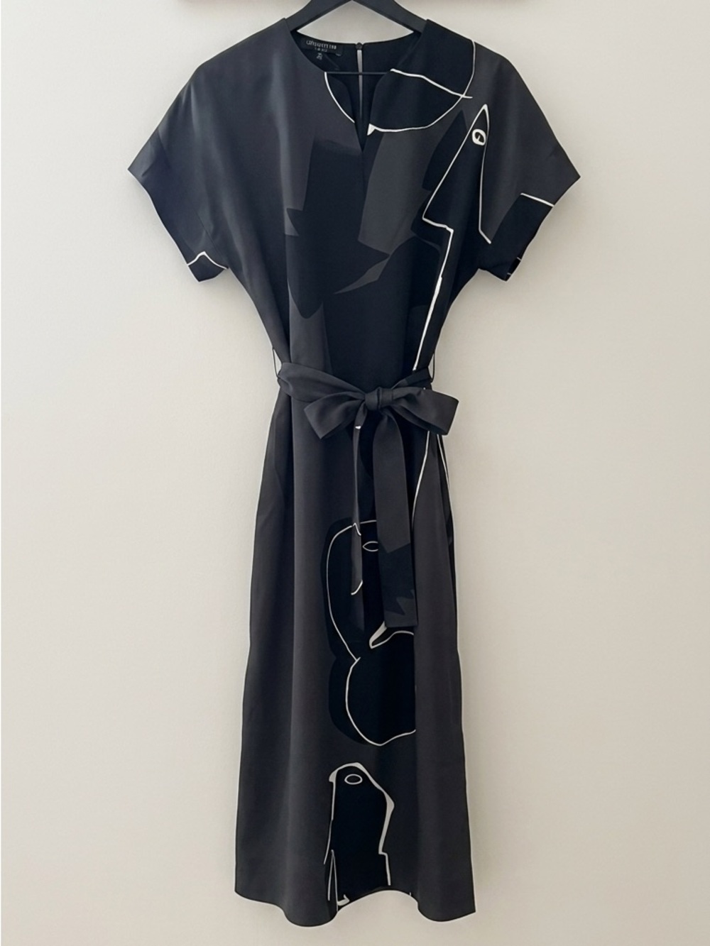Lafayette 148 Cosimia Portrait Print Short Sleeve Belted Drape Dress Midi Sz Med